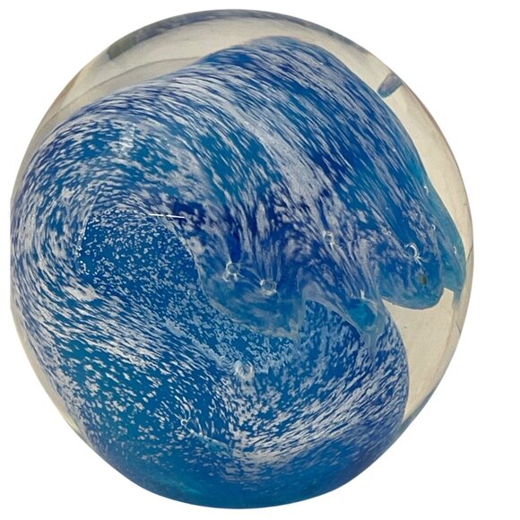 Blue Ocean Wave Design Art Glass Paperweight Sea Beach Sculpture Orb Sphere READ - Picture 8 of 10